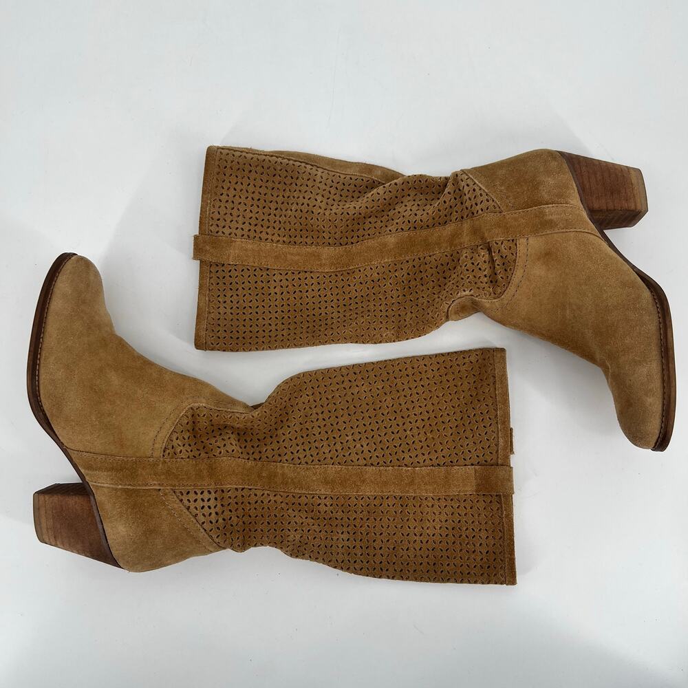 Perforated Tan Suede Leather Boots Womens EU 36 US 6 Slouchy Mid Calf Spain READ - Picture 4 of 9